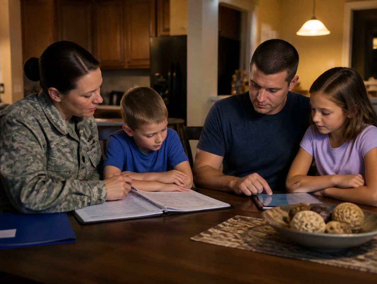 Bossier City military family going over school paperwork at the kitchen table